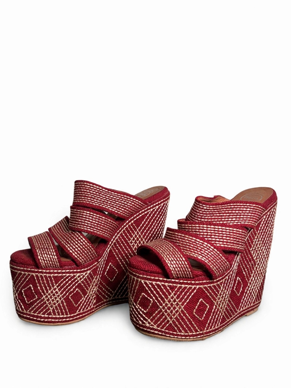 Ibiza Boho Embroidered Platform Wedge Sandals Red Cream Sz 6.5